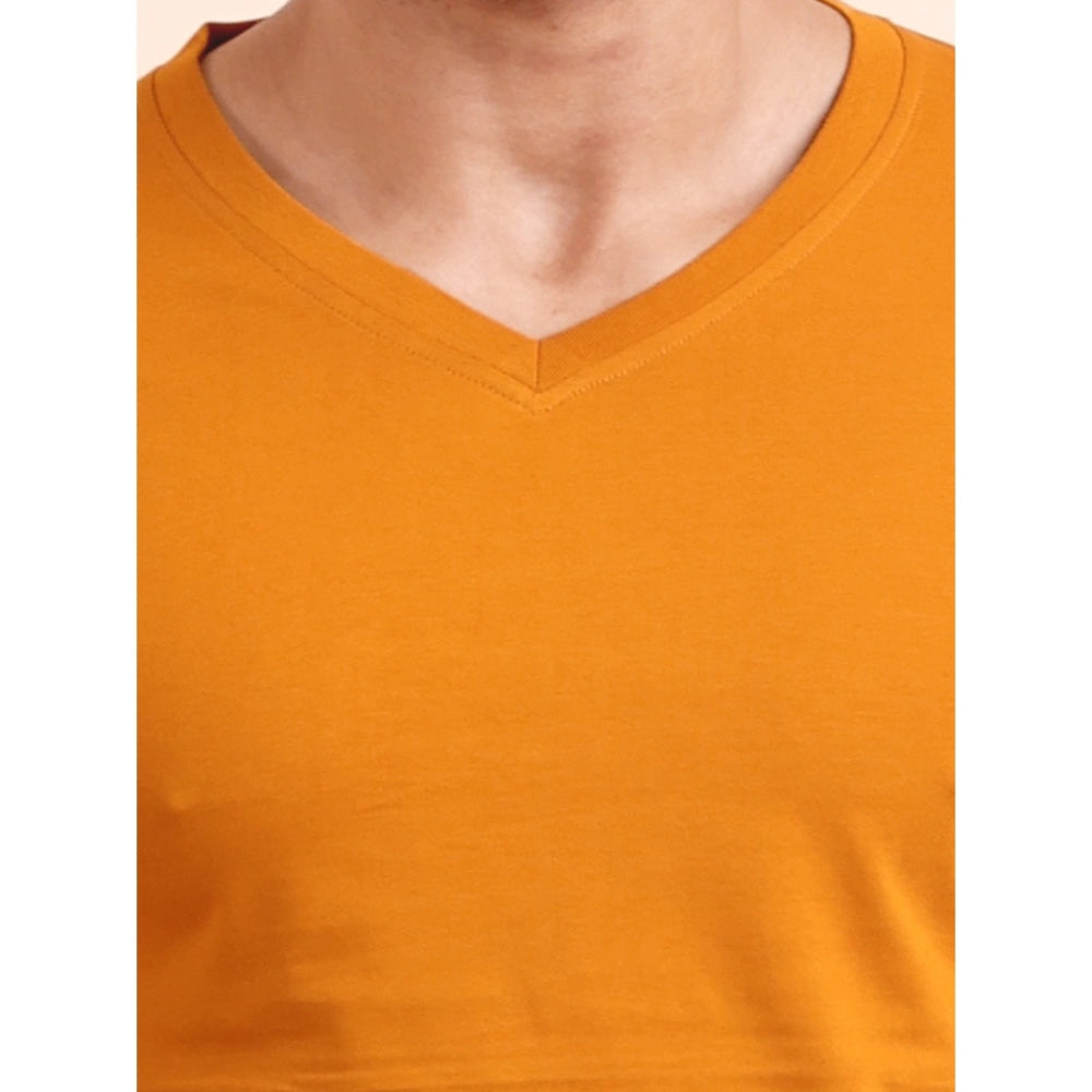 Generic Men's Casual Cotton Solid V Neck Full Sleeve T-Shirt  (Mustard)