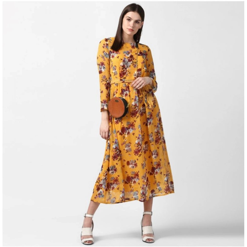 Generic Women's Polyester Floral Long Sleeves Calf-length Dress (Yellow)