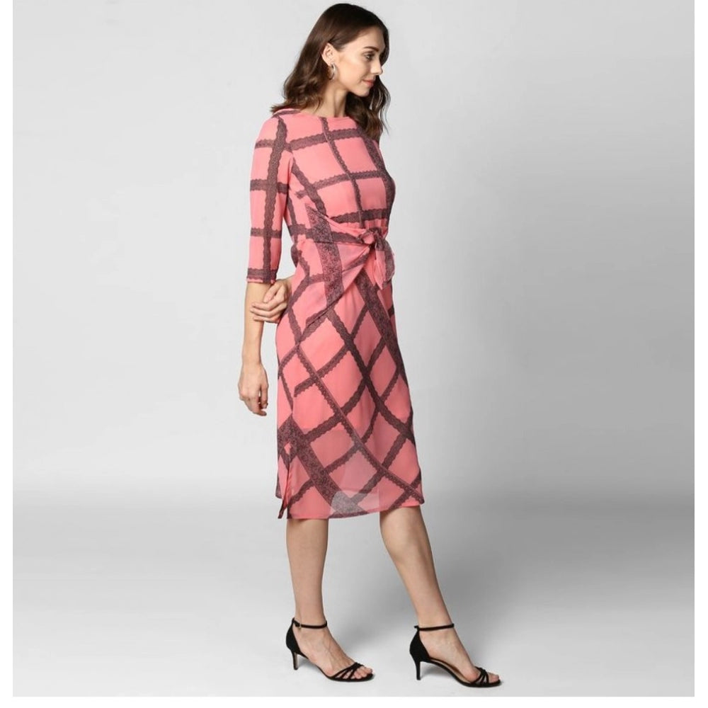 Generic Women's Polyester Checkered 3-4th Sleeves Below Knee Dress (Pink - Black)