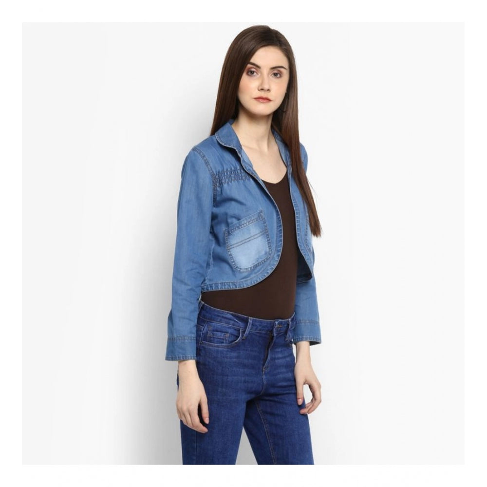Generic Women's Denim Smocking 3-4th Sleeves Shrug (Blue)