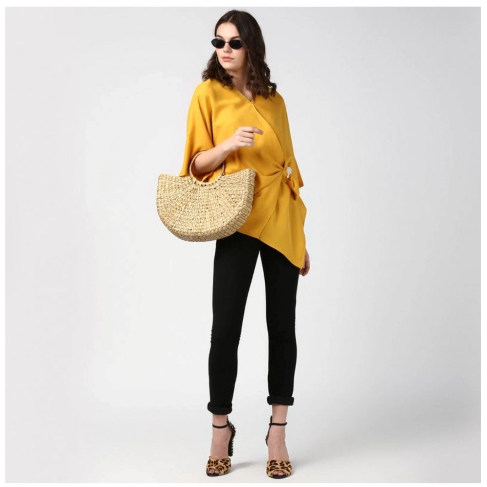 Generic Women's Polyester Solid Cape Sleeve Top (Yellow)