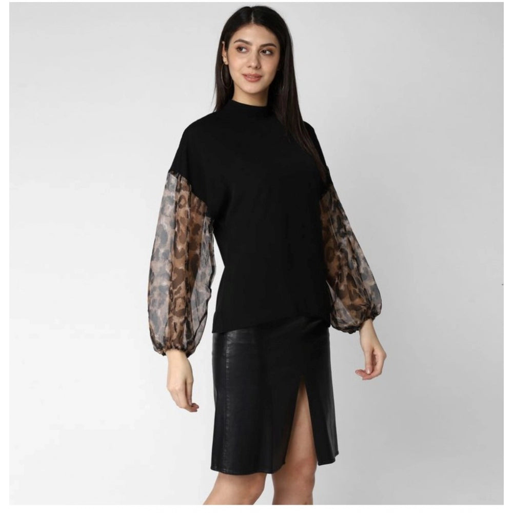 Generic Women's Polyester Animal Print Long Sleeves Top (Black)