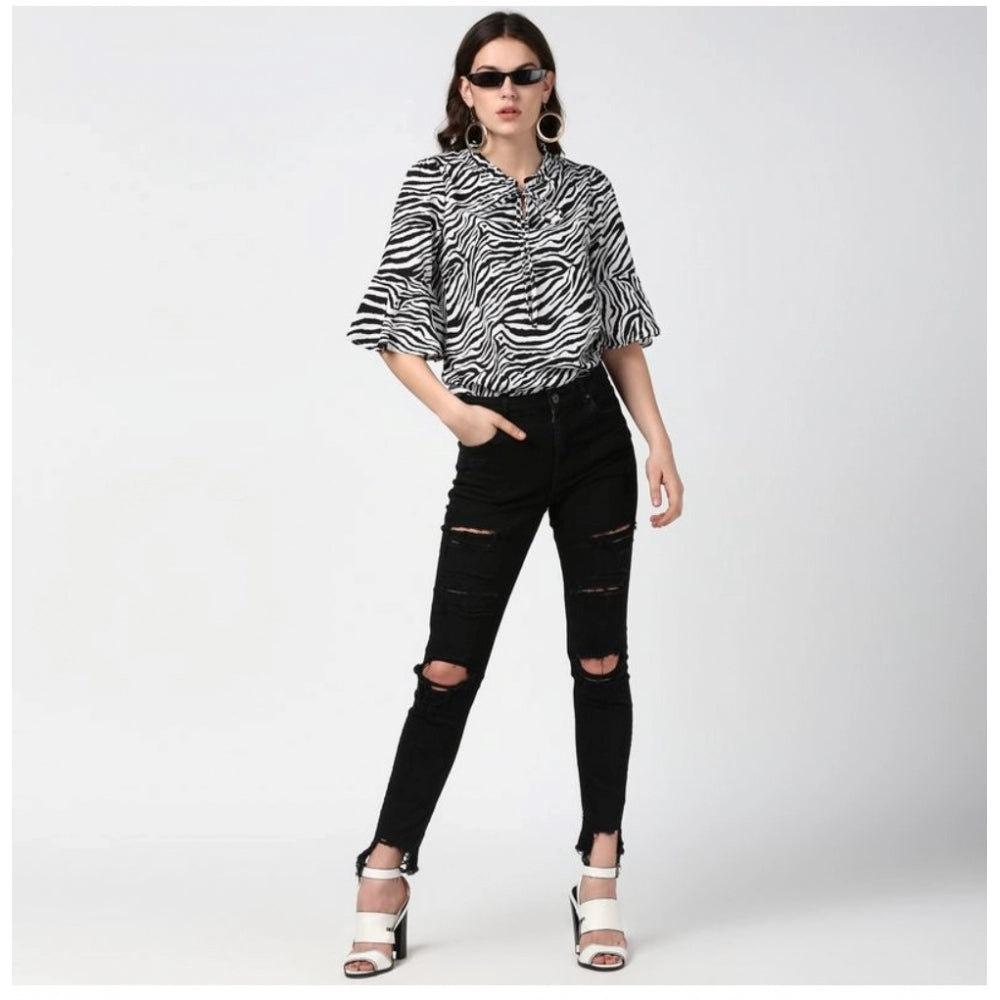 Generic Women's Polyester Animal Print Bell Sleeve Top (Black - White)