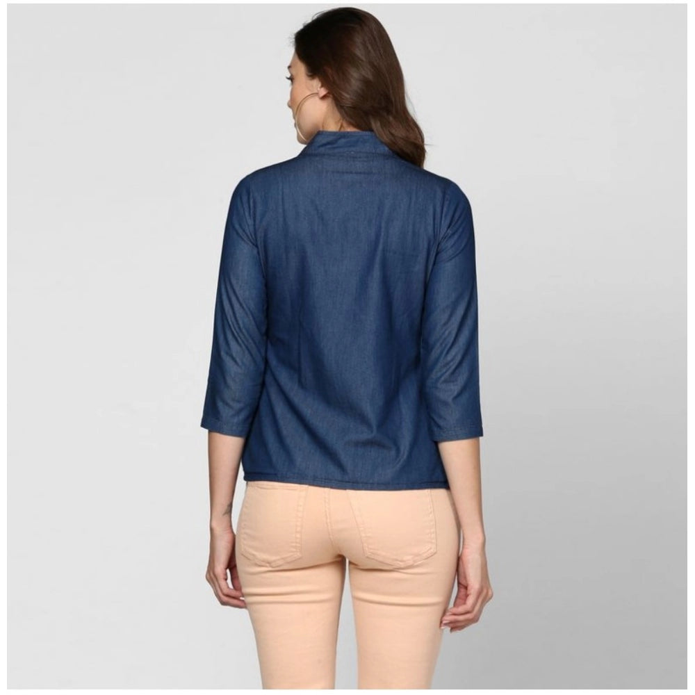 Generic Women's Denim Solid 3-4th Sleeves Top (Blue)