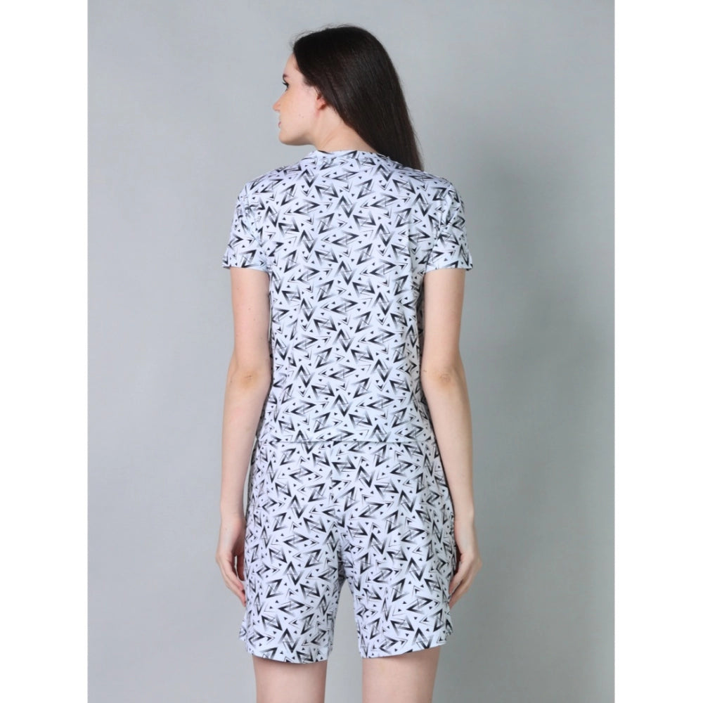 Generic Women's Cotton Blended Printed Round Neck Half Sleeve Top - Shorts Set (White-Black)