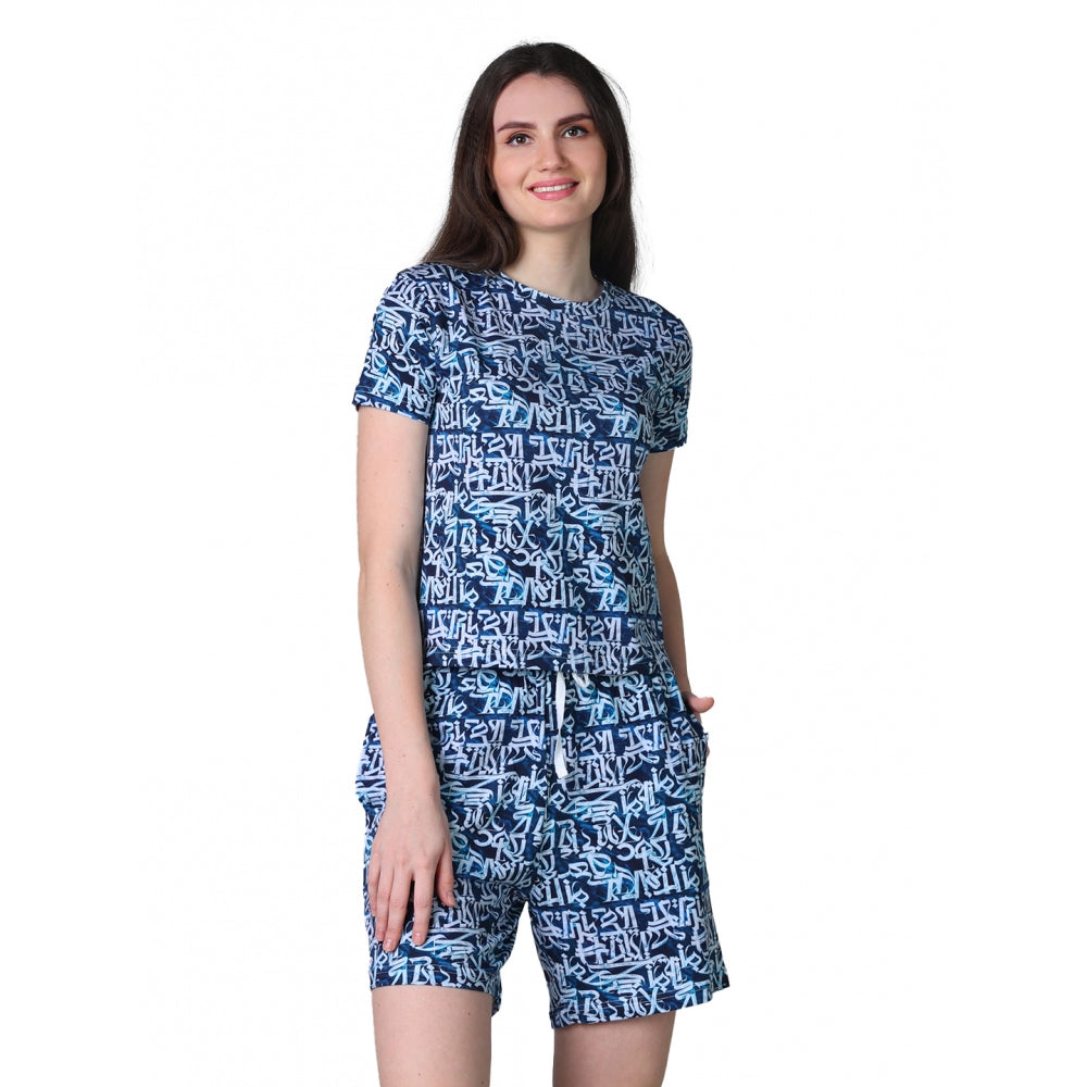 Generic Women's Cotton Blended Printed Round Neck Half Sleeve Top - Shorts Set (White-Blue)