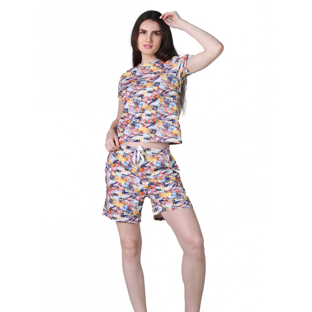 Generic Women's Cotton Blended Printed Round Neck Half Sleeve Top - Shorts Set (Multicolor)