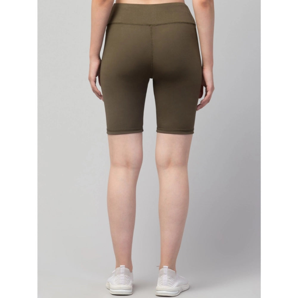 Generic Women's Polyester Solid Above Knee High-Rise Shorts (Olive)
