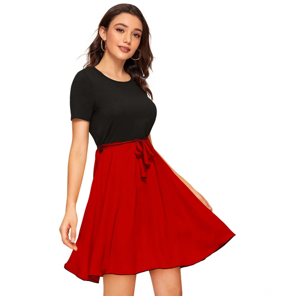 Generic Women's Knitting stretchable Solid Round Neck Cap Sleeve Dress (Red)