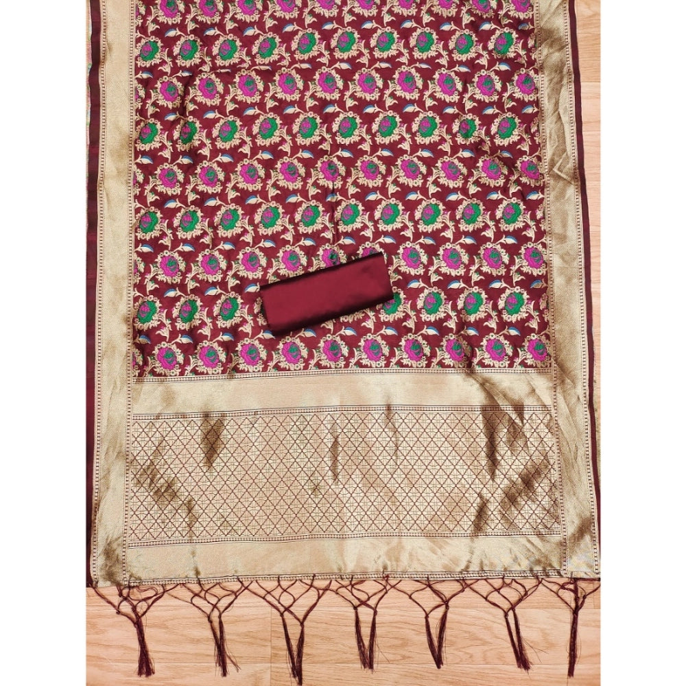 Generic Women's Banarasi Silk Printed Unstitched Salwar Suit Material With Dupatta (Maroon, 3Mtrs)