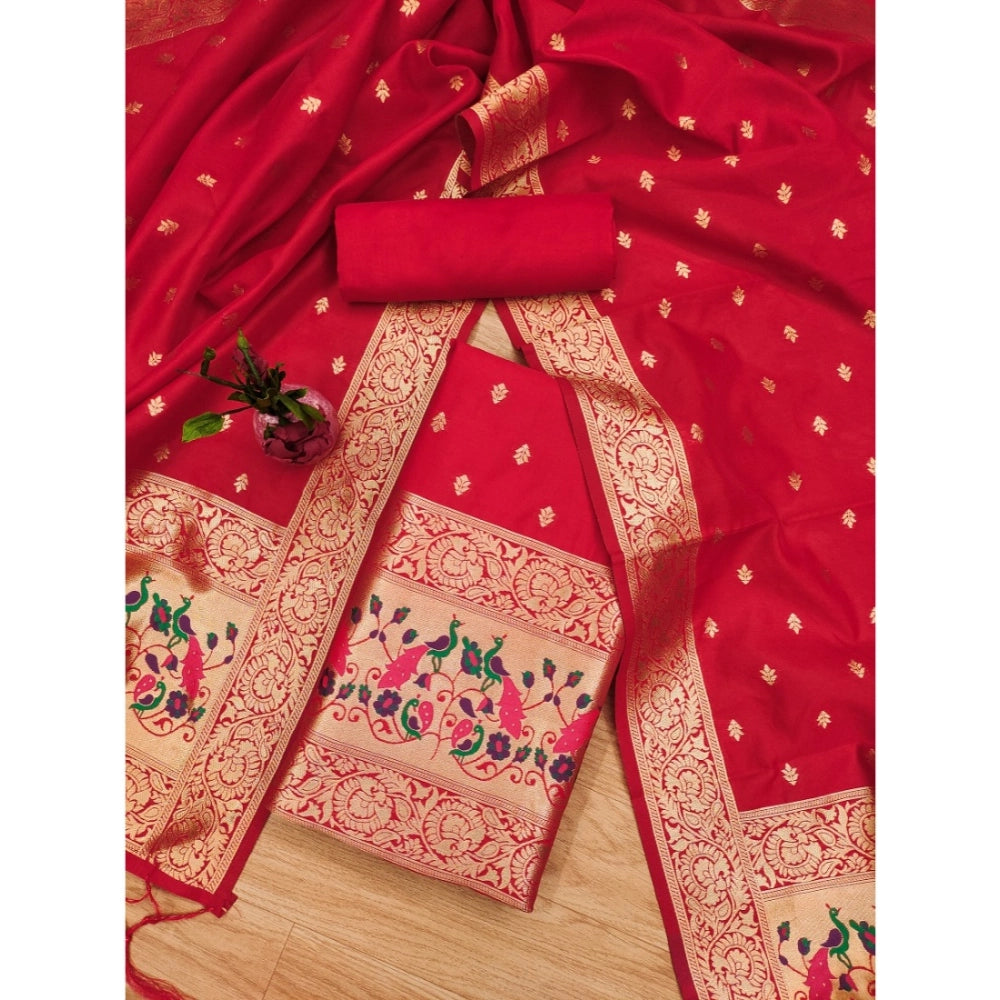 Generic Women's Banarasi Silk Printed Unstitched Salwar Suit Material With Dupatta (Red, 3Mtrs)