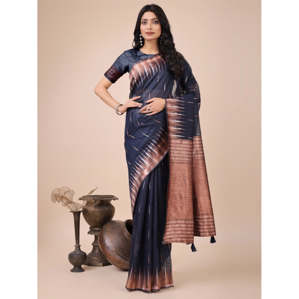 Generic Women's Linen Cotton Printed Saree With Unstitched Blouse 5.5Mtr (Navy Blue)