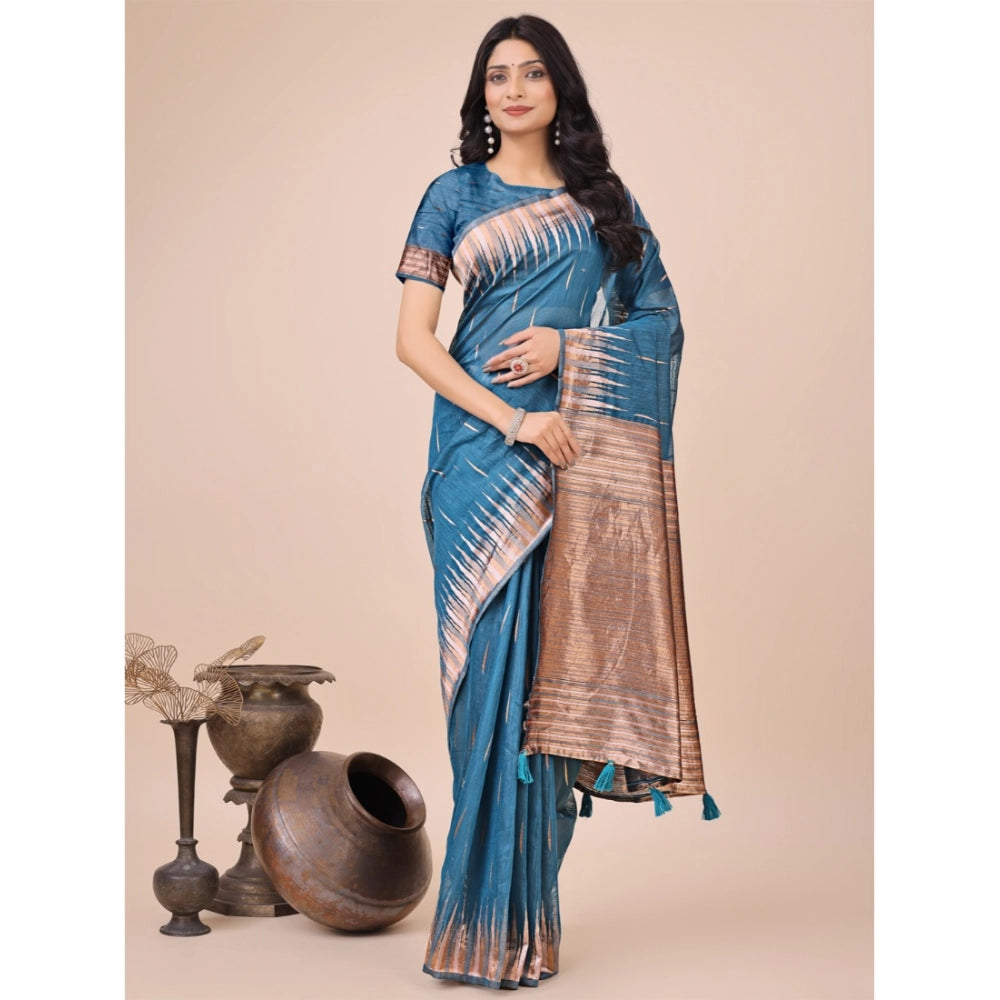 Generic Women's Linen Cotton Printed Saree With Unstitched Blouse 5.5Mtr (Blue)