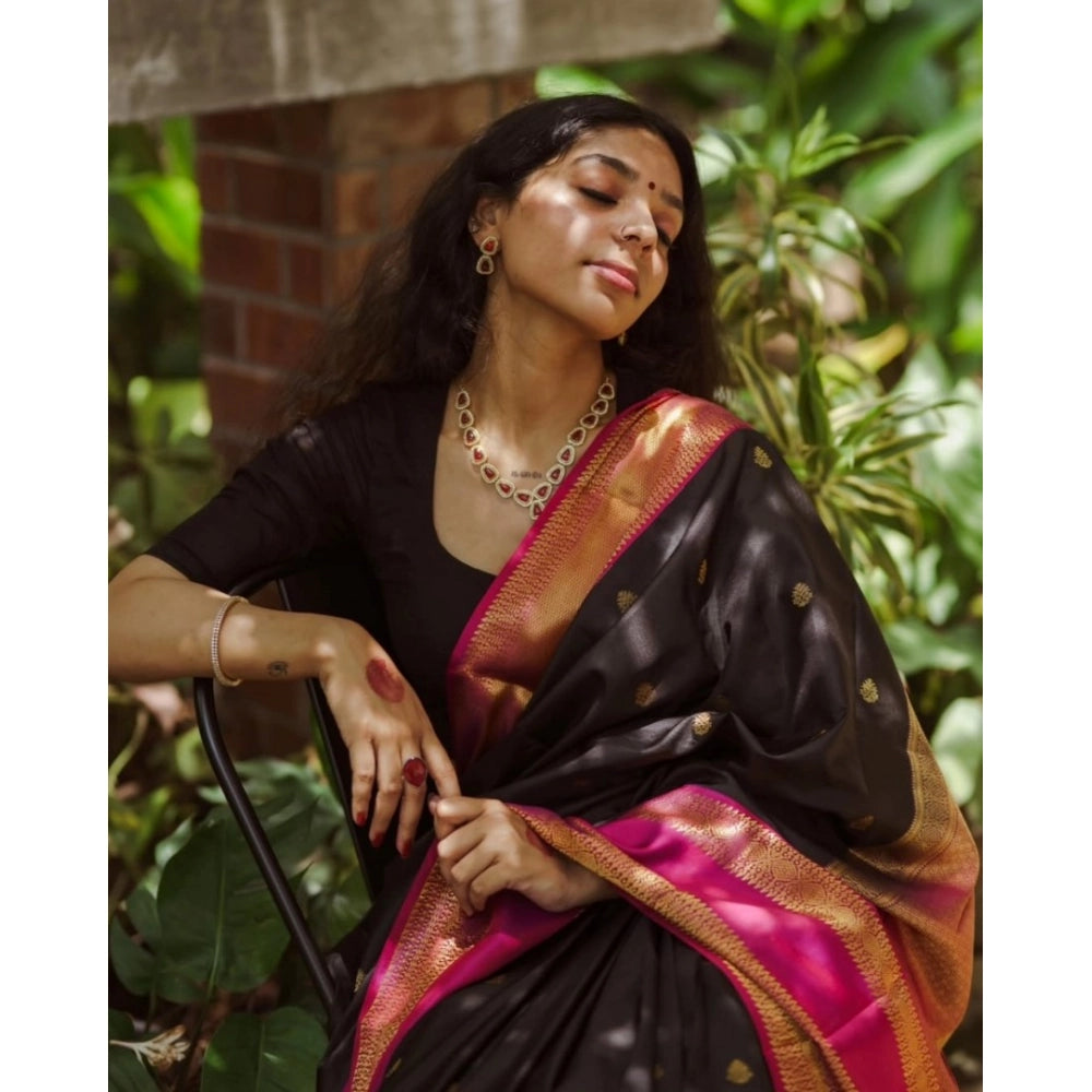 Generic Women's Silk Printed Saree With Unstitched Blouse 5.5Mtr (Black-Pink)