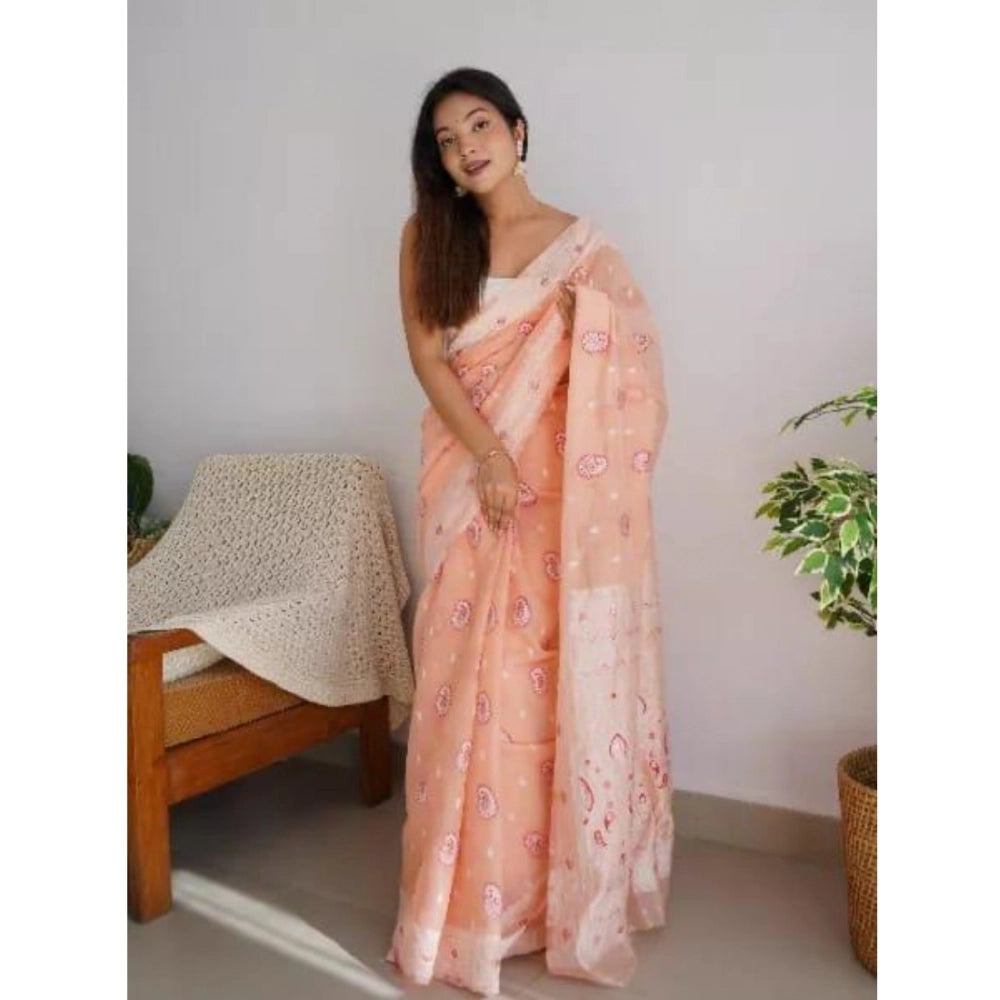 Generic Women's Cotton  Printed Saree With Unstitched Blouse 5.5Mtr (Peach)