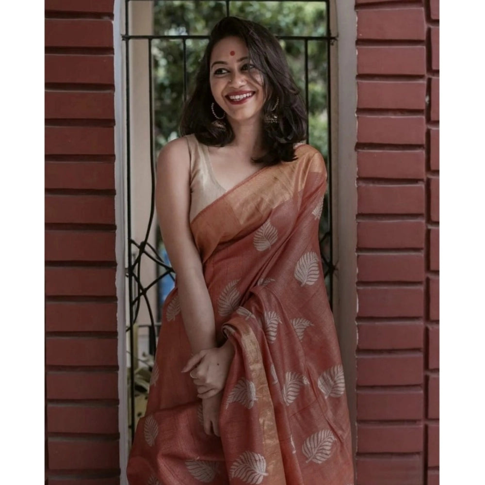 Generic Women's Silk Printed Saree With Unstitched Blouse 5.5Mtr (Maroon)