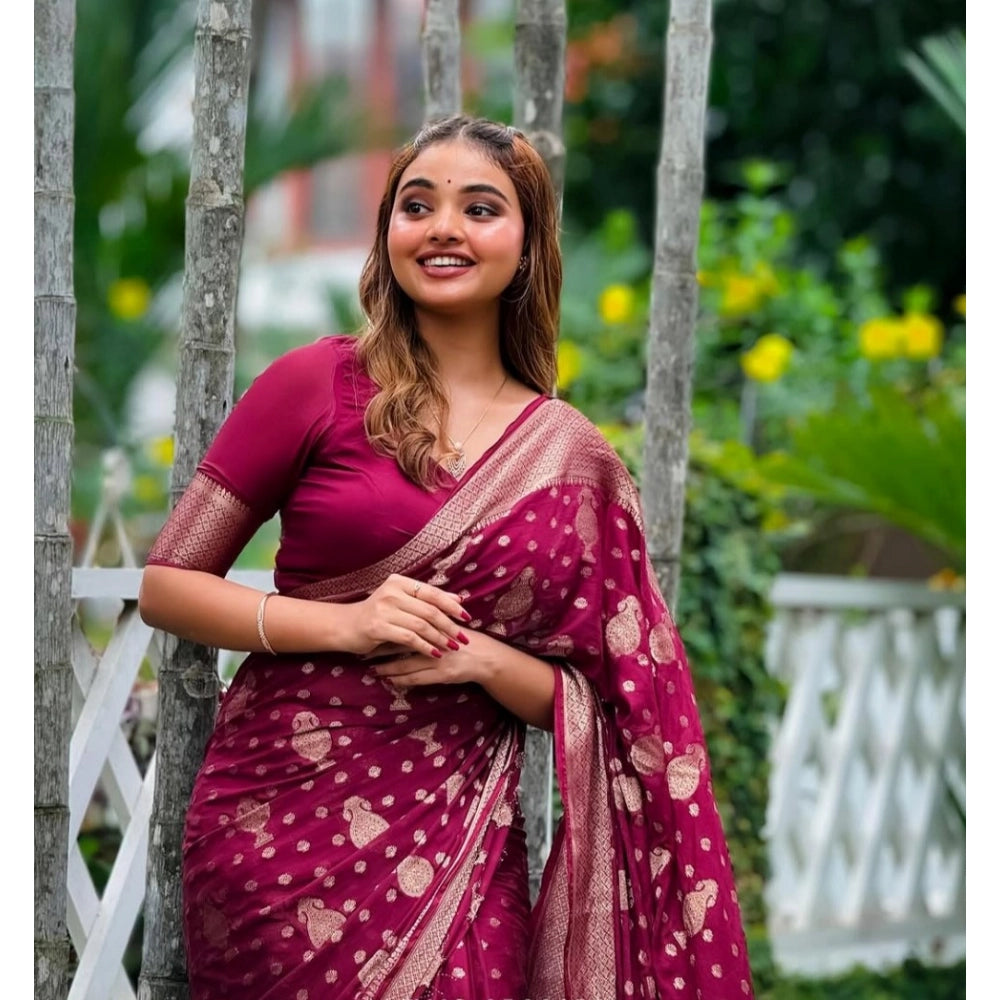 Generic Women's Silk Printed Saree With Unstitched Blouse 5.5Mtr (Wine)