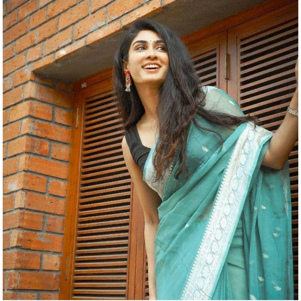 Generic Women's Cotton  Printed Saree With Unstitched Blouse 5.5Mtr (Sky Blue)