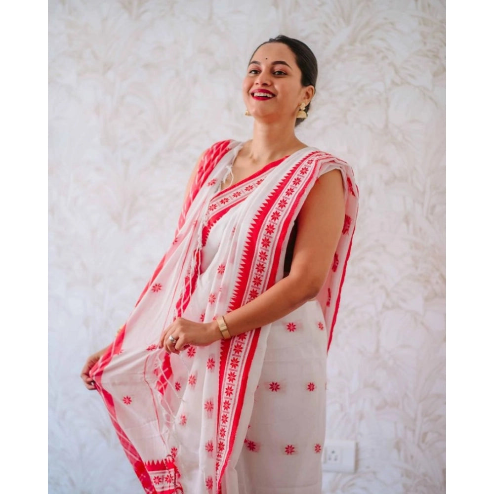 Generic Women's Cotton  Printed Saree With Unstitched Blouse 5.5Mtr (White-Pink)