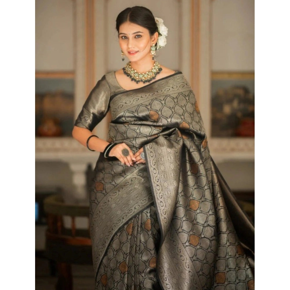 Generic Women's Silk Printed Saree With Unstitched Blouse 5.5Mtr (Black)