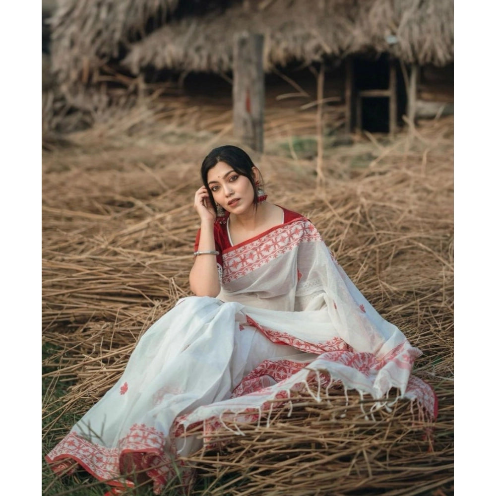 Generic Women's Cotton  Printed Saree With Unstitched Blouse 5.5Mtr (White-Red)
