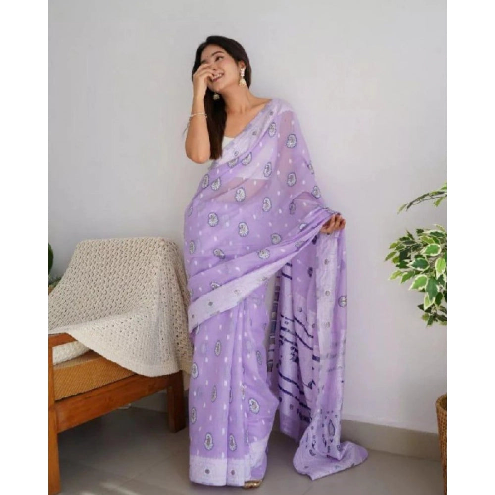 Generic Women's Cotton  Printed Saree With Unstitched Blouse 5.5Mtr (Lavender)
