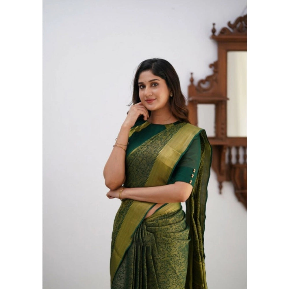 Generic Women's Silk Printed Saree With Unstitched Blouse 5.5Mtr (Green)