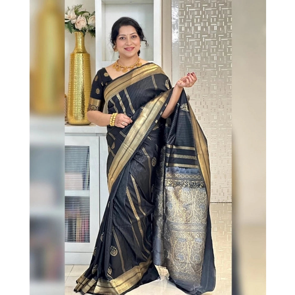 Generic Women's Silk Printed Saree With Unstitched Blouse 5.5Mtr (Black)