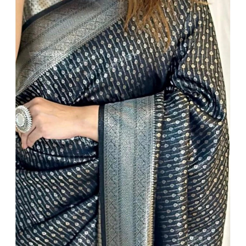 Generic Women's Silk Printed Saree With Unstitched Blouse 5.5Mtr (Black)