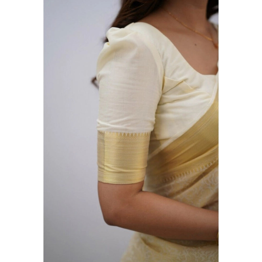 Generic Women's Silk Printed Saree With Unstitched Blouse 5.5Mtr (Cream)