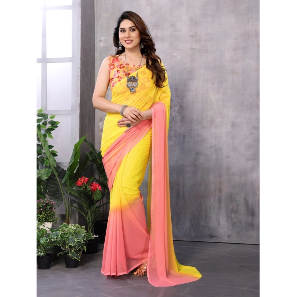 Generic Women's Small Lace Georgette Solid Ready-to-Wear Saree With Unstitched Blouse 5.5 Mtr (Pink-Yellow)