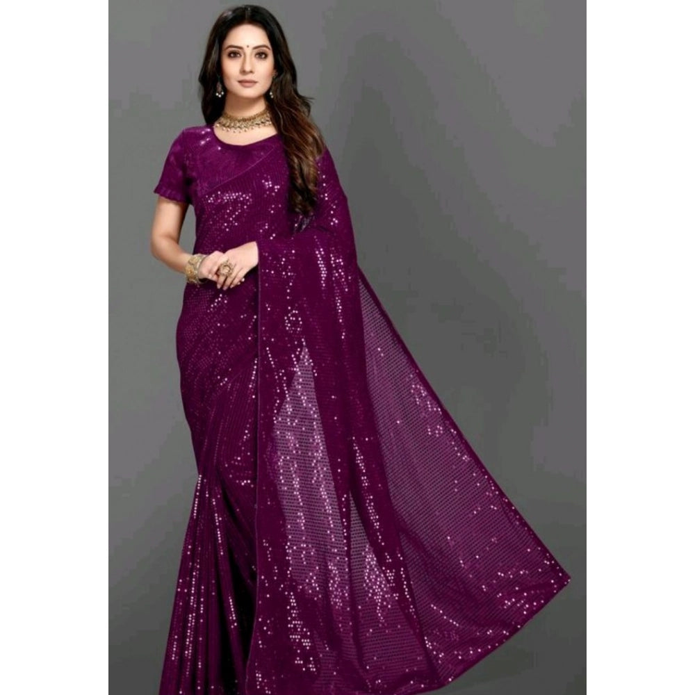 Generic Women's Georgette Embellished Sequnece Bollywood Saree With Unstitched Blouse 5.5Mtr (Purple)