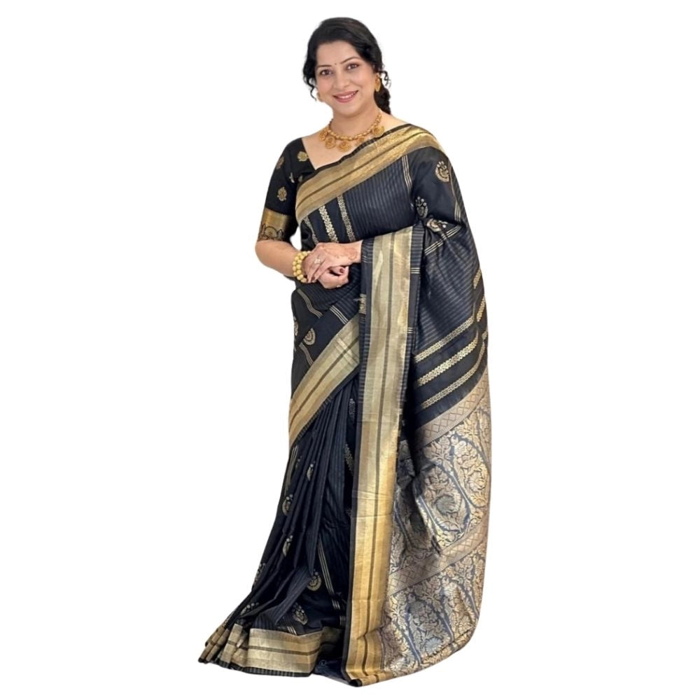 Generic Women's Silk Printed Saree With Unstitched Blouse 5.5Mtr (Black)