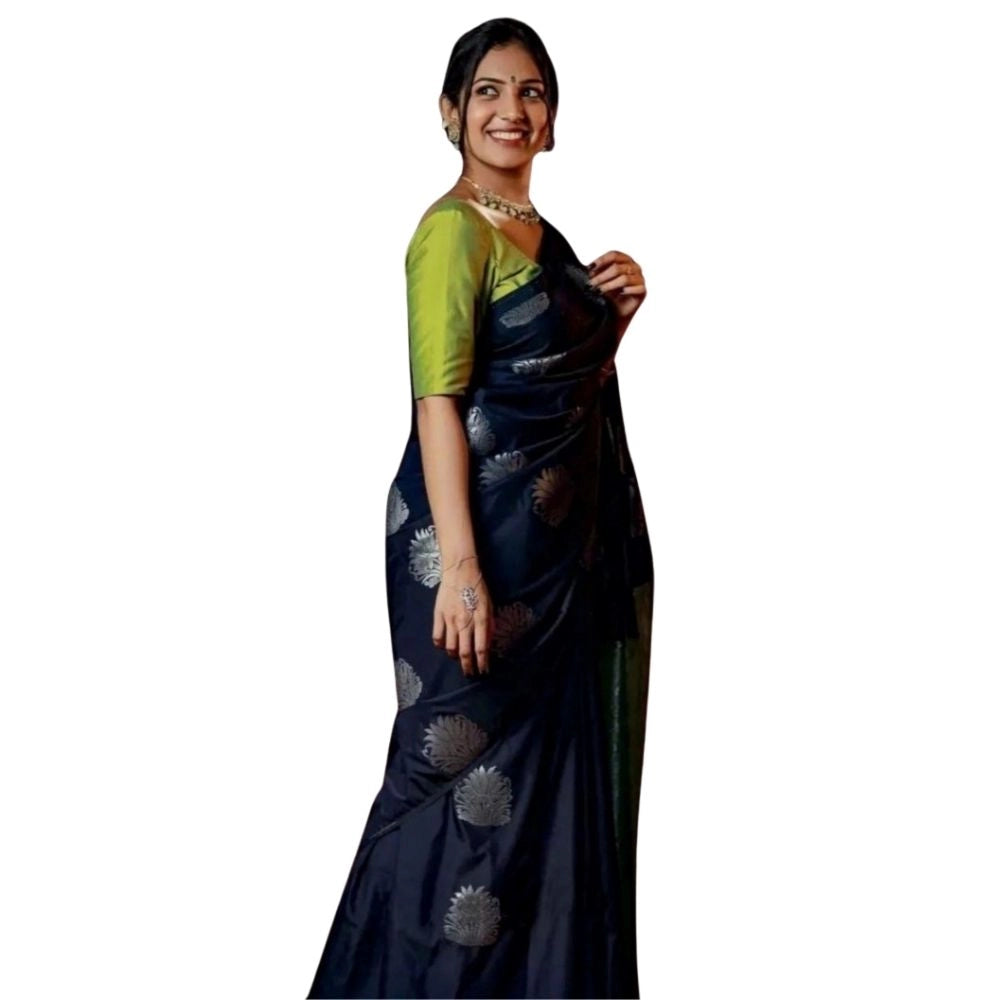 Generic Women's Silk Printed Saree With Unstitched Blouse 5.5Mtr (Navy Blue)