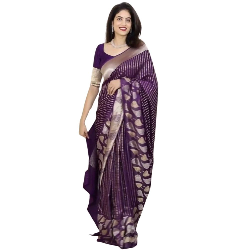 Generic Women's Silk Printed Saree With Unstitched Blouse 5.5Mtr (Purple)