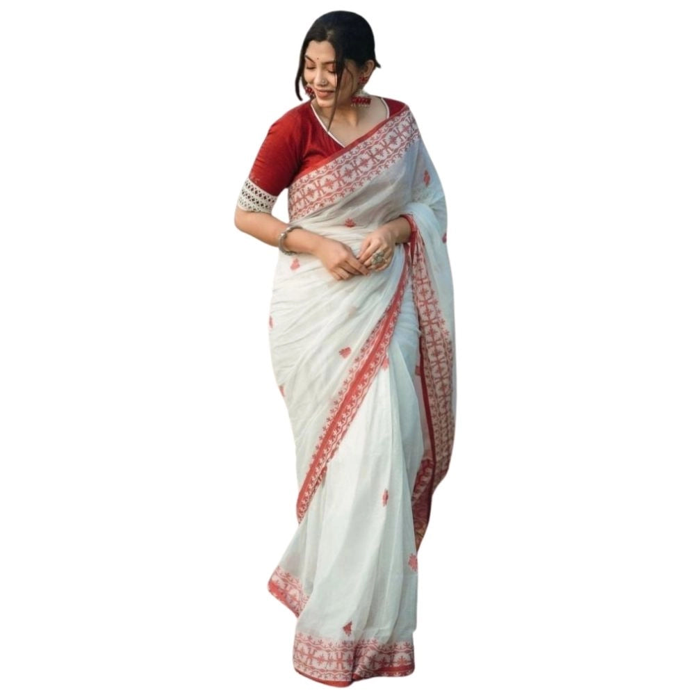 Generic Women's Cotton  Printed Saree With Unstitched Blouse 5.5Mtr (White-Red)