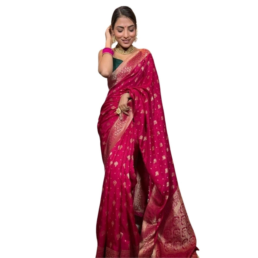 Generic Women's Silk Printed Saree With Unstitched Blouse 5.5Mtr (Rani Pink)
