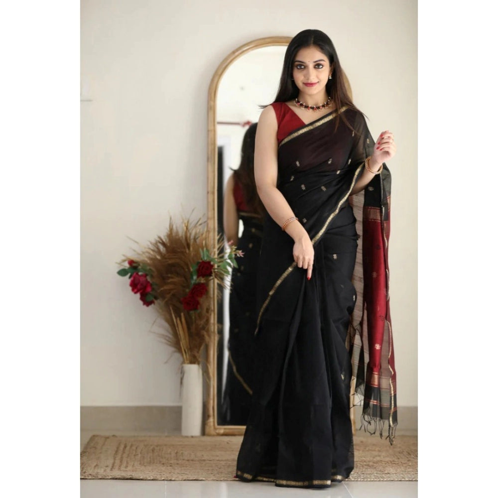Generic Women's Cotton  Printed Saree With Unstitched Blouse 5.5Mtr (Black)