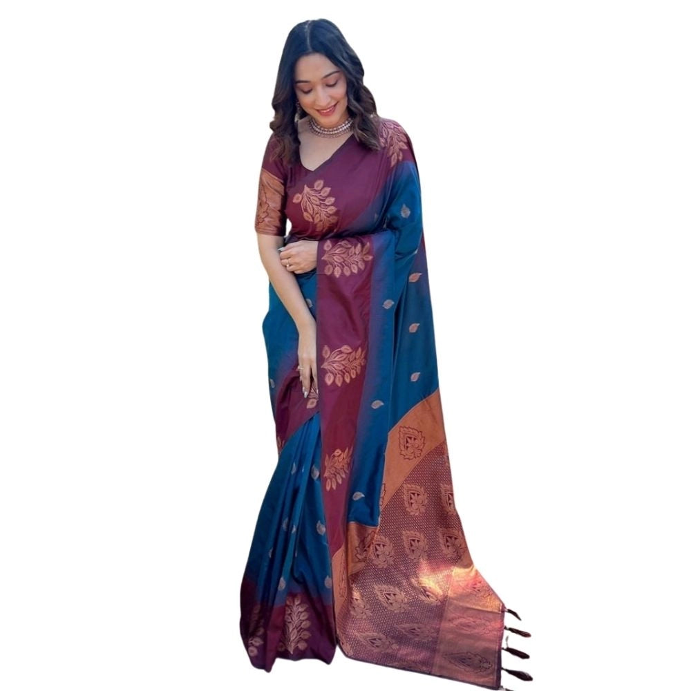 Generic Women's Silk Printed Saree With Unstitched Blouse 5.5Mtr (Blue)