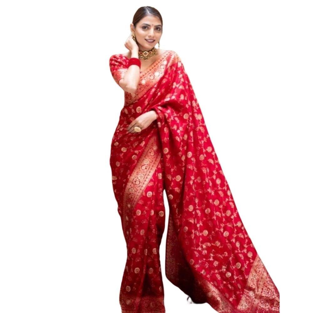 Generic Women's Silk Printed Saree With Unstitched Blouse 5.5Mtr (Red)