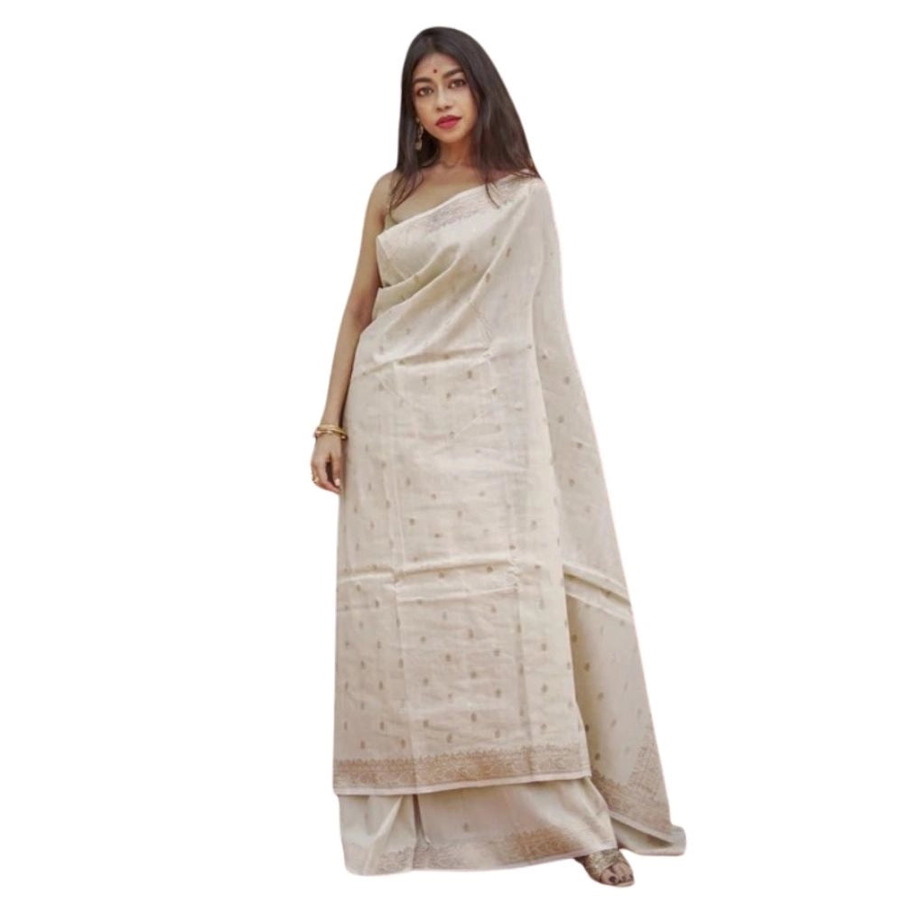 Generic Women's Cotton  Printed Saree With Unstitched Blouse 5.5Mtr (Cream)
