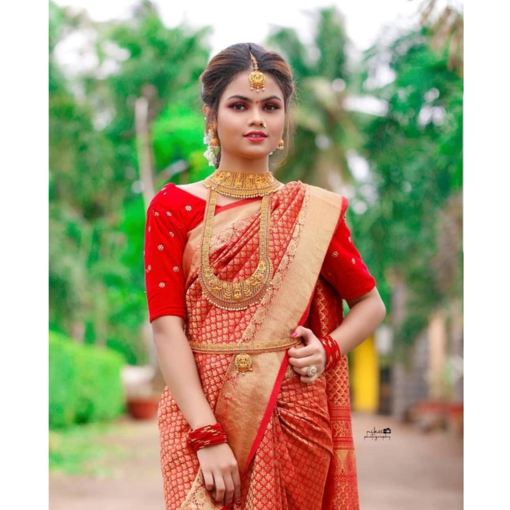 Generic Women's Soft Lichi Silk Printed Saree With Unstitched Blouse 5.5Mtr (Red)