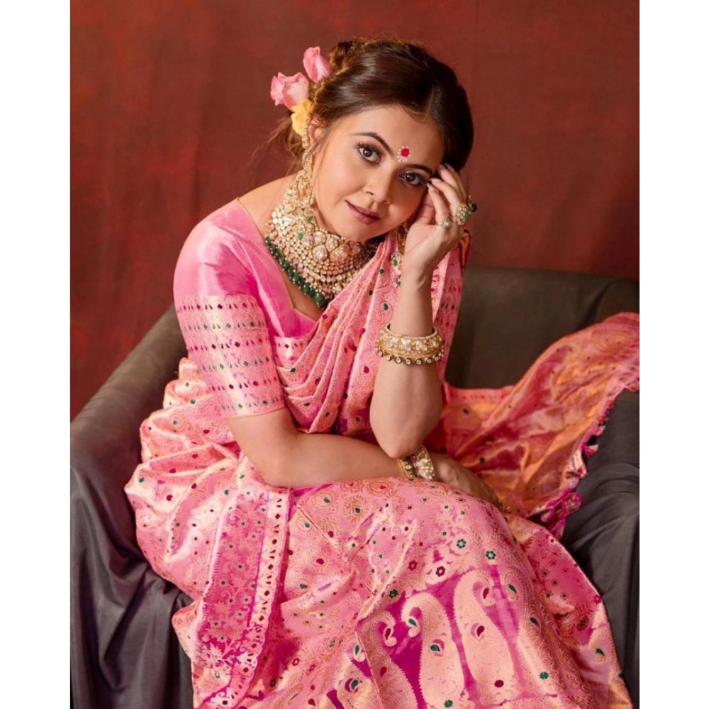 Generic Women's Soft Lichi Silk Printed Saree With Unstitched Blouse 5.5Mtr (Pink)