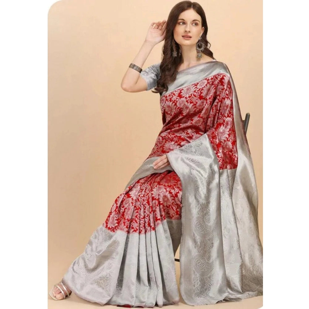 Generic Women's Soft Lichi Silk Printed Saree With Unstitched Blouse 5.5Mtr (Red)