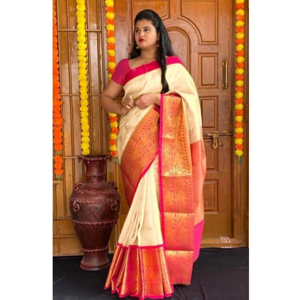 Generic Women's Soft Lichi Silk Printed Saree With Unstitched Blouse 5.5Mtr (Cream)