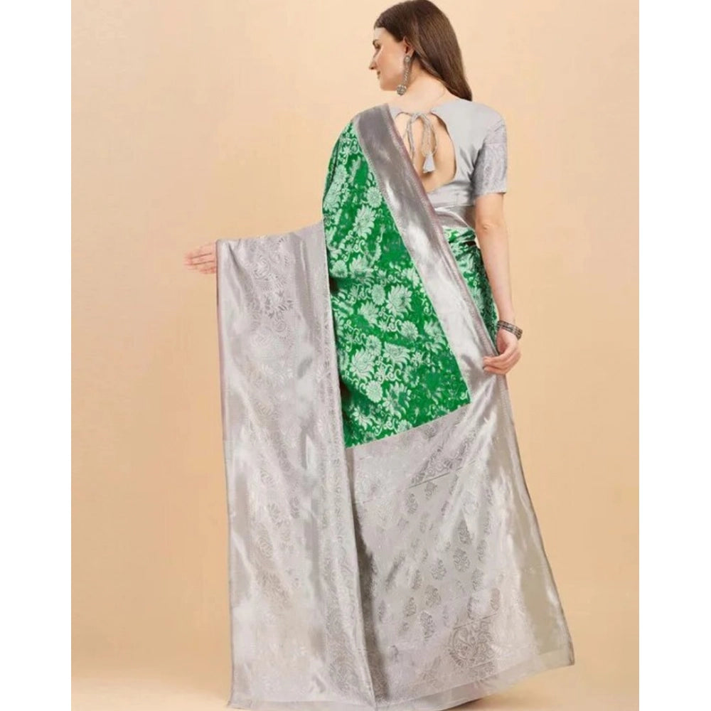 Generic Women's Soft Lichi Silk Printed Saree With Unstitched Blouse 5.5Mtr (Green)