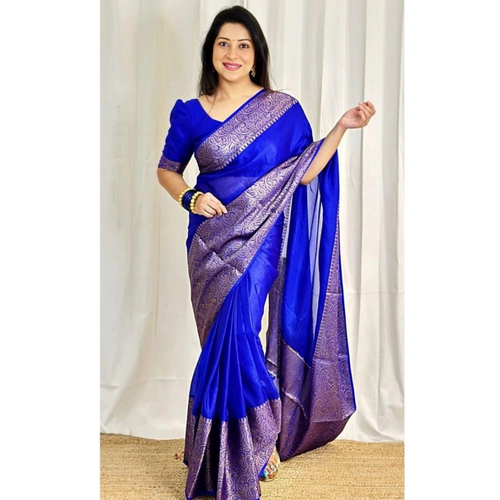 Generic Women's Soft Lichi Silk Solid Saree With Unstitched Blouse 5.5Mtr (Blue)