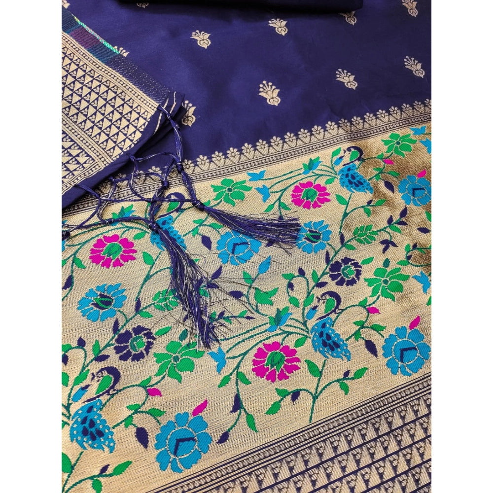 Generic Women's Banarasi Silk Printed Unstitched Salwar Suit Material With Dupatta (Navy Blue, 3Mtrs)