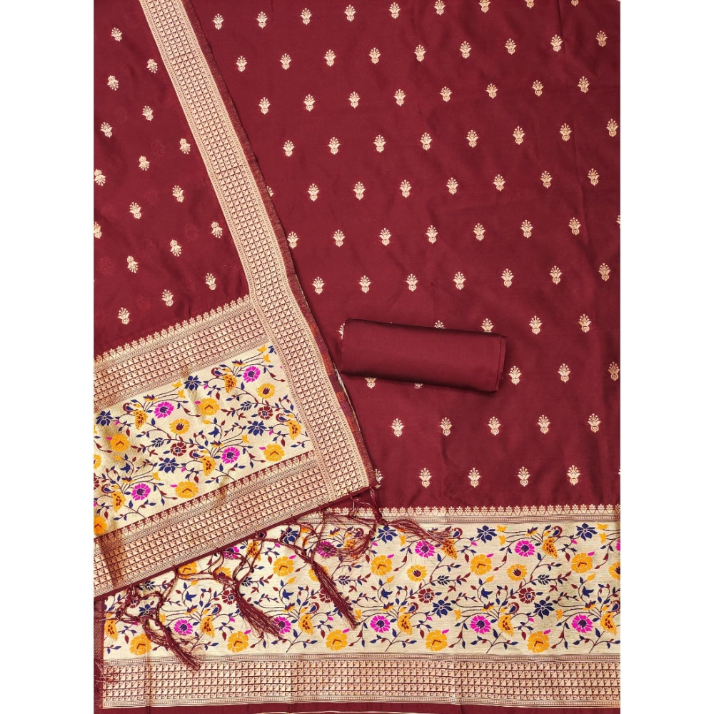 Generic Women's Banarasi Silk Printed Unstitched Salwar Suit Material With Dupatta (Maroon, 3Mtrs)