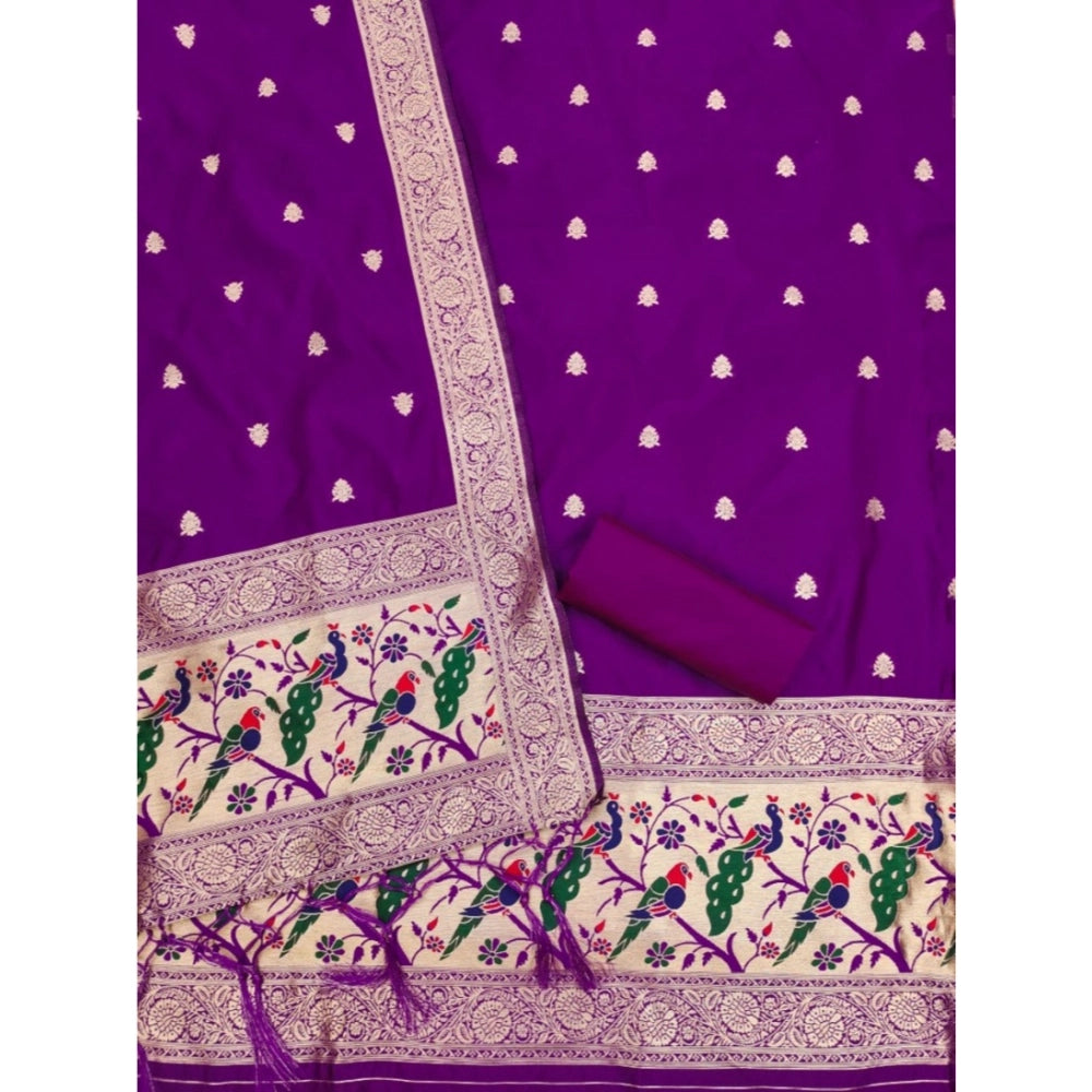 Generic Women's Banarasi Silk Printed Unstitched Salwar Suit Material With Dupatta (Purple, 3Mtrs)